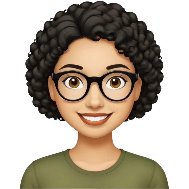 Hispanic woman with light tan skin. Round face with dimples. Dark eyes with black glasses. Thick eyebrows. Short curly black hair. Big smile. Wearing olive green top. emoji