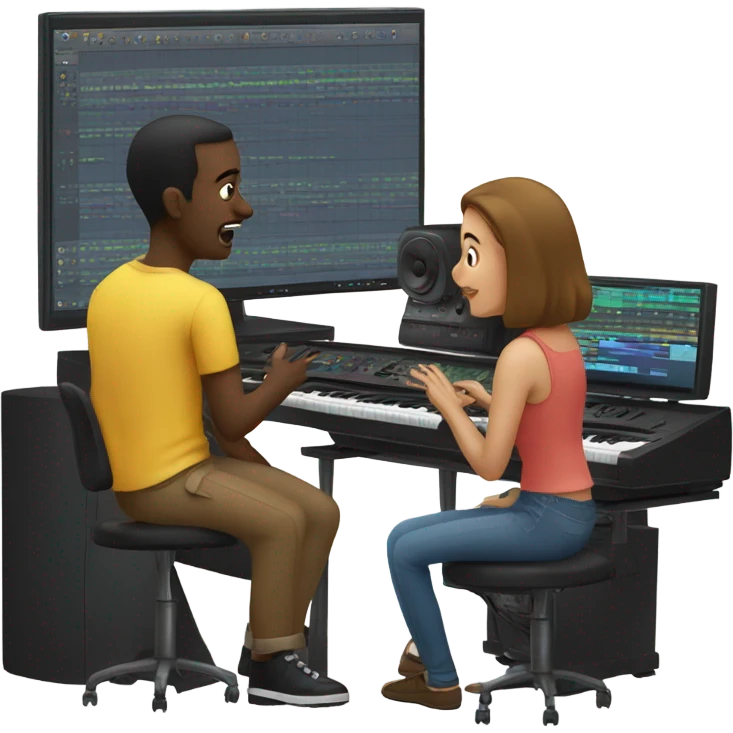 people in a music studio. one is looking at the computer and two more watching emoji