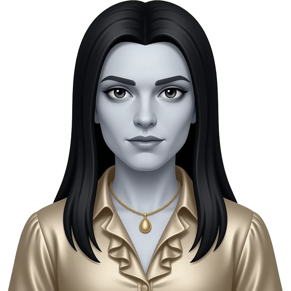 Khayman from The Vampire Chronicles with pale-grey skin, black eyes, long black straight hair, beige metallic ruffle shirt, beige necklace emoji