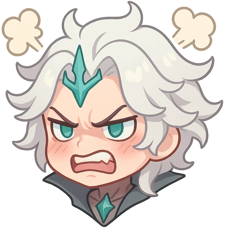Viego from League of Legends, chibi style emote, only head, angry expression, steam coming from head emoji