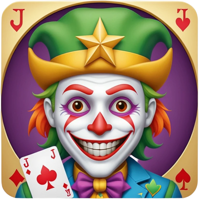 1 poker card, perfectly squared card, with crazy colorful human jolly joker inside, star symbol with a "J" emoji