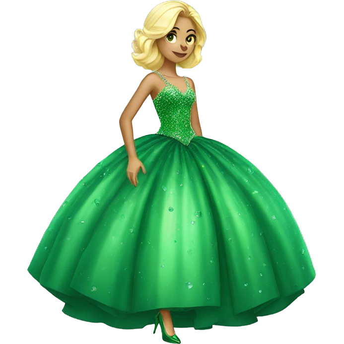 Swedish girl in the biggest ball gown with green crystals and high heels emoji