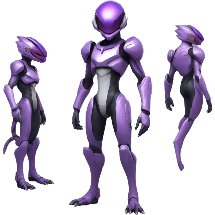 A Reptile-Raptor-Genesect-Mewtwo-Fakémon, with a futuristic visor-helmet, wearing a techwear-suit Full Body emoji