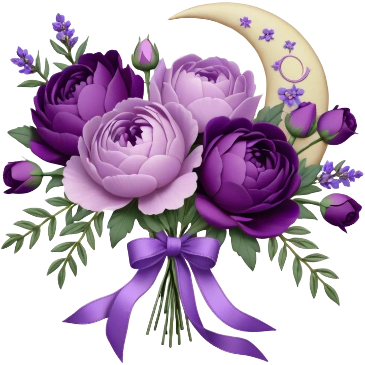 A vintage bouquet of lavender-hued peonies, deep violet roses, and soft lilac pansies, tied together with a silk ribbon in shades of plum and amethyst, rests beneath the glow of a crescent moon. Scattered around are tiny embroidered hearts on a delicate lace handkerchief, while the scent of dried lavender lingers in the cool evening air. emoji