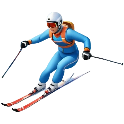 An icon featuring snowy peaks, pine trees, and a picturesque mountain landscape with a skier racing down a snow-covered slope, The sky is blue with soft clouds, capturing the thrill and beauty of alpine skiing. Transparent background highlights the excitement and serenity of winter sports. emoji