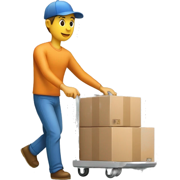 a mover with a trolley loaded with 3 small packed boxes, right angle emoji