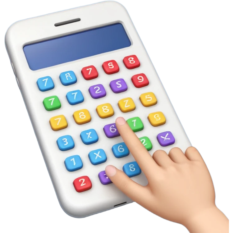 3D iPhone style emoji of a person using a calculator, finger pressing colorful buttons, digital display showing numbers, isolated on white background, soft shadows, high detail, playful and cute. emoji