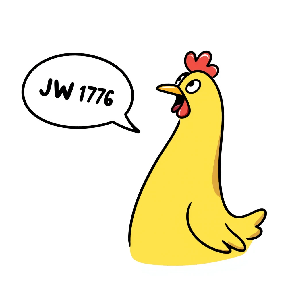 cartoon style shouting yellow long neck chicken with a funny expression, 'JW 1776' in a speech bubble emoji