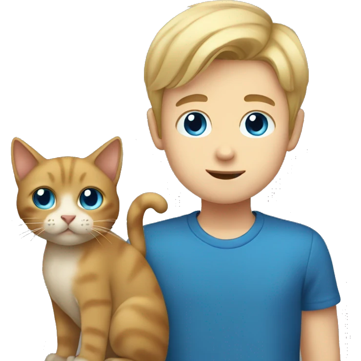 Boy with blonde hair holding blue eyes brown cat emoji