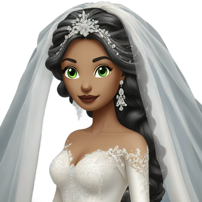 Hyper Realistic ornate ballgown long sleeve Wedding dress with diamanté on Russian bride with light skin and green eyes and long black hair with veil hyper realistic  emoji