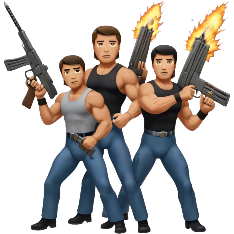 Icon for Action Movies: Schwarzenegger as John Matrix in Commando and Stallone as John Rambo in Rambo, both in iconic action poses with weapons, intense expressions, and explosive backgrounds. Powerful and dynamic with dramatic lighting. Transparent background. emoji
