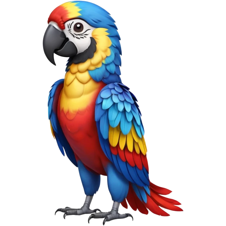 cinematic-macaw-realistic-full-body-standing-emoji,-vibrant-feathers-glowing-with-rich-reds,-blues,-and-yellows,-head-tilted-dramatically,-curved-black-beak-gleaming,-piercing-dark-eyes-exuding-confidence,-simplified-yet-realistic-focused emoji