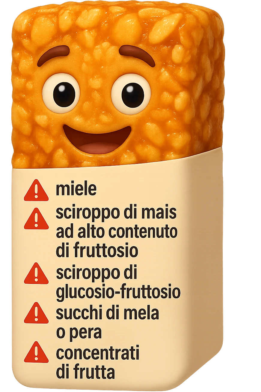 SU QUESTO STILE FAI UN EMOJI STILE IPHONE 3D DI UNa barretta ai cereali con ETICHETTA CON GLI INGREDIENTI SCRITTI, "miele, sciroppo di mais ad alto contenuto di fruttosio, sciroppo di glucosio-fruttosio, succhi di mela o pera,
concentrati di frutta" accanto ad ogni nome scritto mettici un segnale di allarme, FALLO MOLTO REALISTICO IN 3D emoji