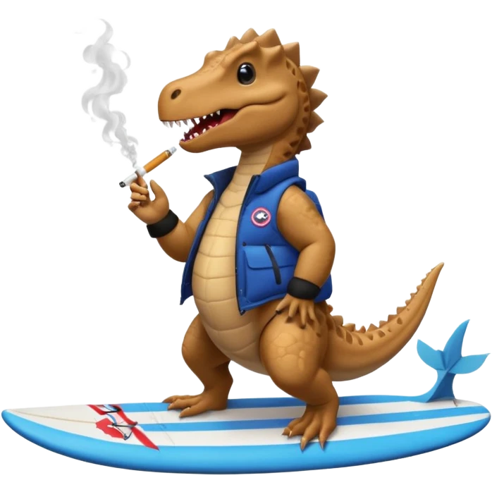 dinosual smokig a ciggerett while surfing wearing canada goose  emoji