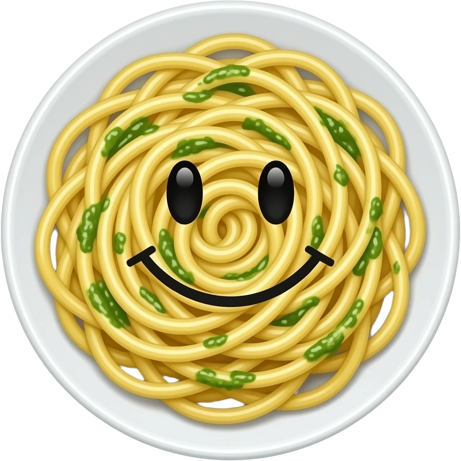 Spaghetti with basil pesto with a smile on his face emoji