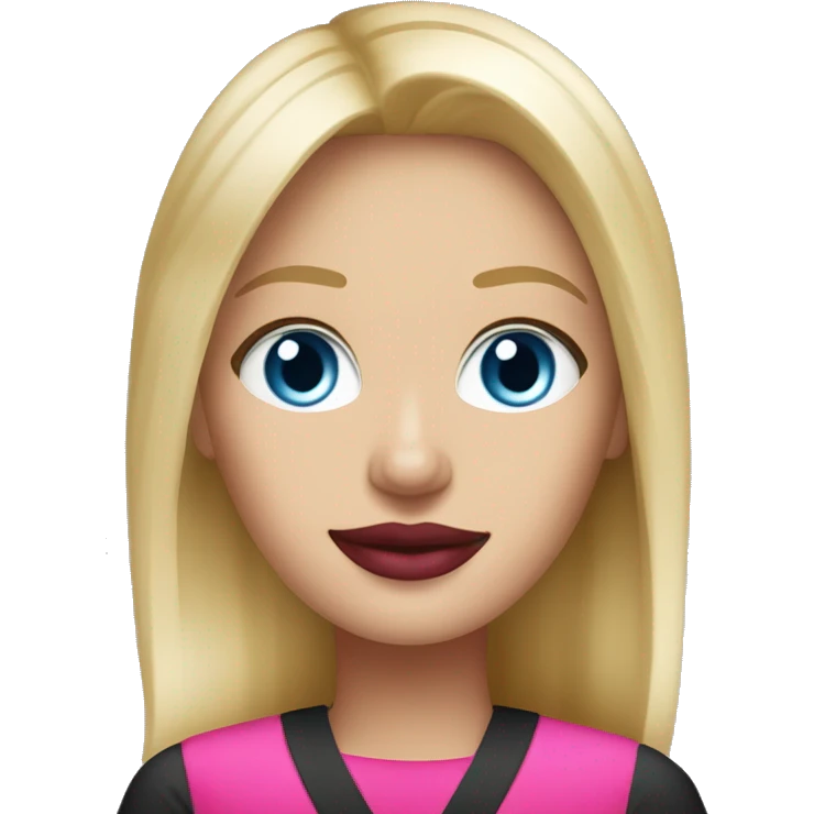 blonde blue eyed t mobile employee, black and pink outfit, t mobile employee, red lipstick emoji