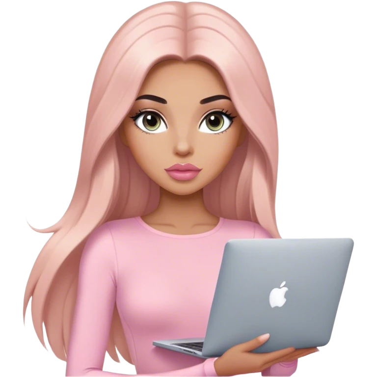 Glamours, tanned, very beautiful girl, with big pump peach-beige-rose lips, long lashes, black straight smooth silky long hair, straight parting hair, blue-grey eyes, in light-pink bodysuit holding MacBook emoji