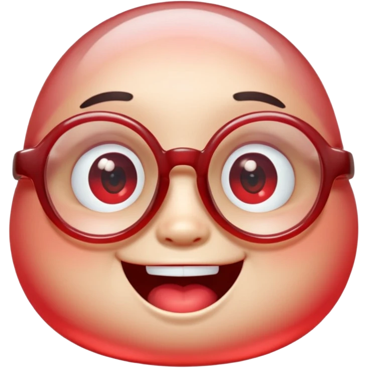 A single chubby crystal gemstone character wearing cute round glasses, chunky and irregular with faceted sides (not egg-shaped), [red] gradient, big glossy eyes behind the glasses and a wide happy smile, 3D cartoon game icon style, high detail, soft lighting, centered on a plain dark background emoji