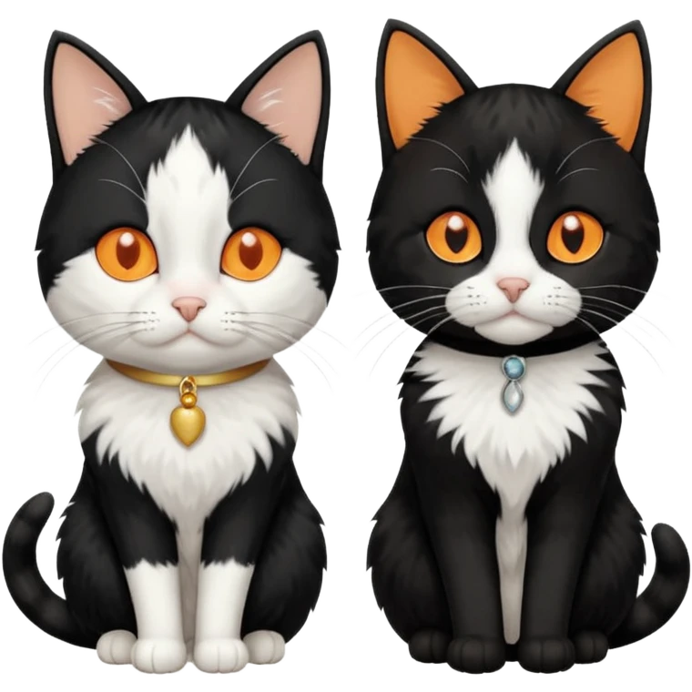 Two tuxedo cats with white birthmarks going up their nose, one of the cats’ birthmarks is short and ends on the left side, the other cat’s birthmark is longer, going up to his forehead in a slight squiggly pattern on the right side emoji
