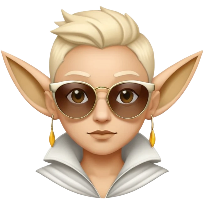 Create a fantasy-style emoji of a character inspired by the high Fae archetype, featuring pointed ears and sharp, majestic features. The emoji should be wearing oversized, stylish sunglasses, adding a touch of modern flair. Make sure the expression is confident and slightly enigmatic, perfect for conveying a sense of mystery and charm in digital conversations. emoji