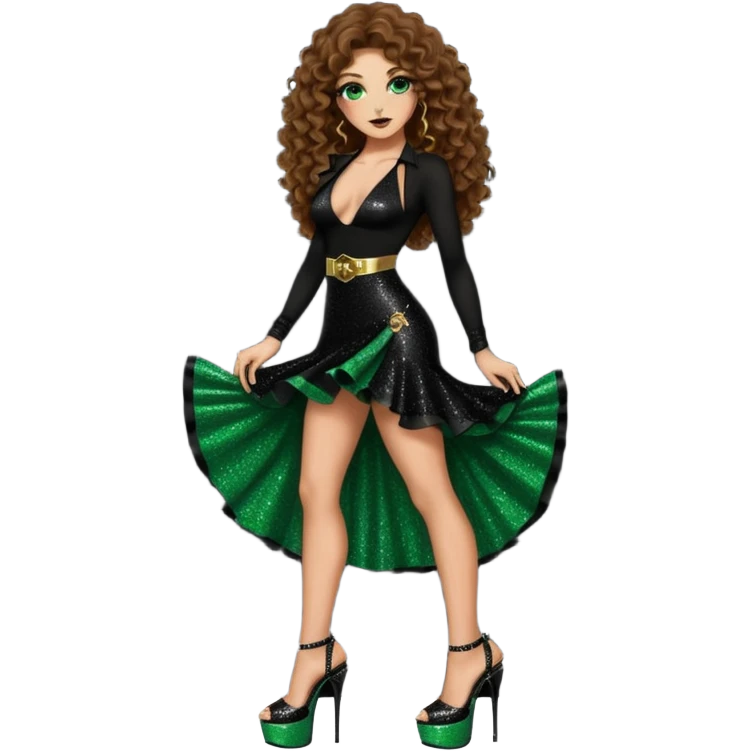 green eyes brown long curly hair woman, cartel boss with 7 inch platform stripper high heels black glitter dress, Los Angeles Spanish style black outfit emoji
