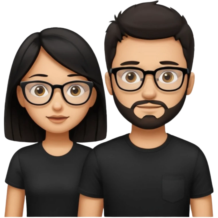chico con gafas y barba corta moreno  camiseta negra al lado una chica pelo negro  largo piel blanca y camiseta rosa ojos marrones emoji