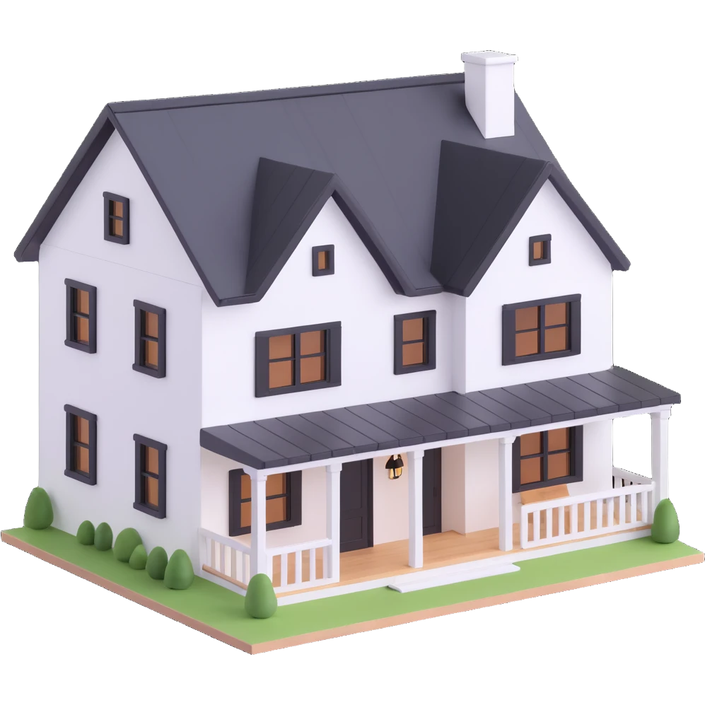 modern farmhouse dollhouse, white with black trim and wooden accents, 3d isometric  emoji
