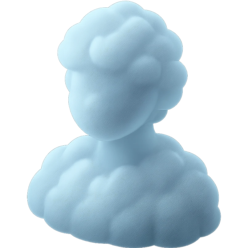 person made entirely of white fluffy convex clouds, shoulder up, front view, matte glass style emoji