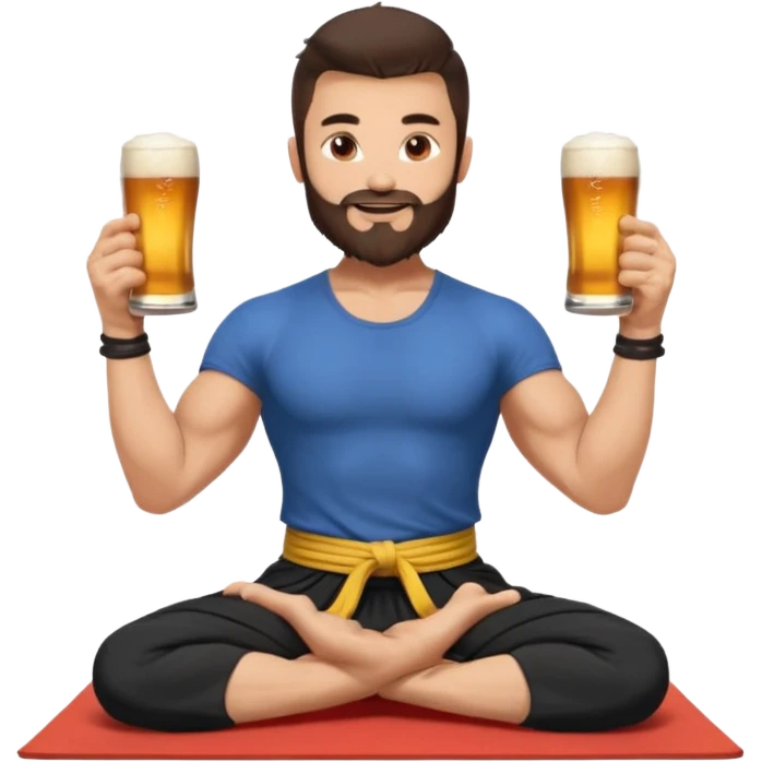 slavic muscled guy with dark brown hair and beard, sitting in yoga pose on a mat, kung fu clothes, long and volume dark hair, holding beer mugs in two hands, sitting emoji