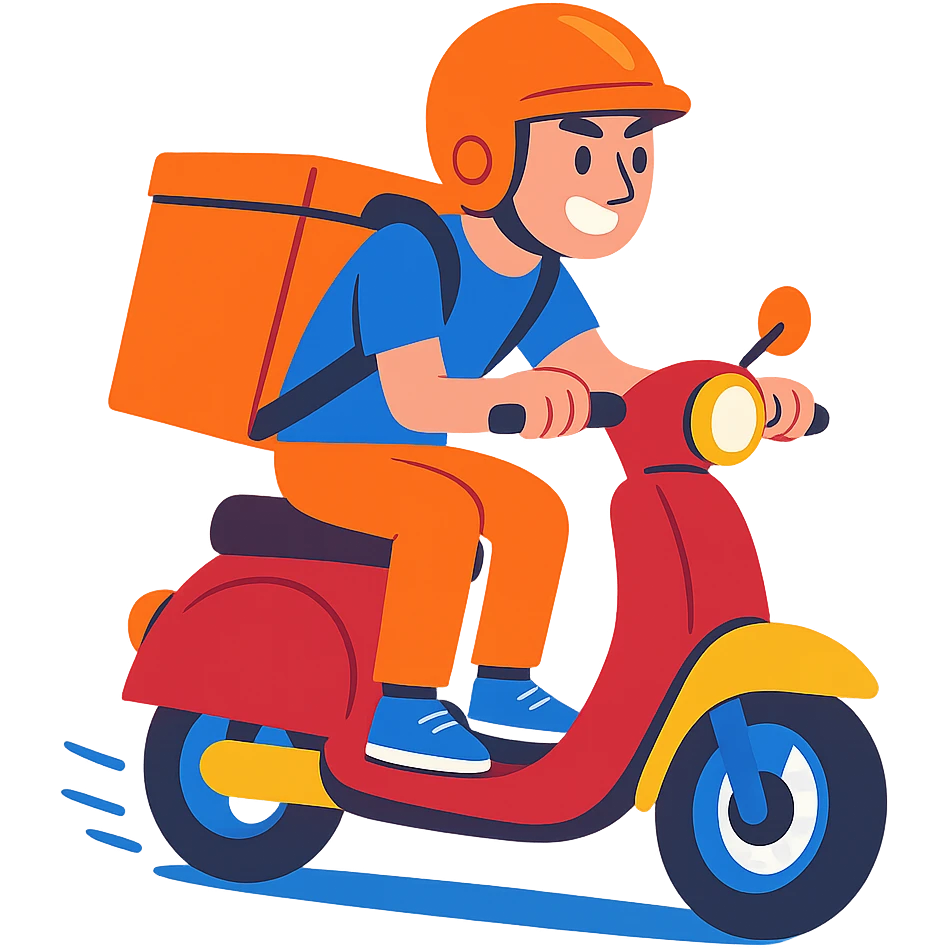 courier riding a moped, colorful cartoon style, dynamic pose emoji