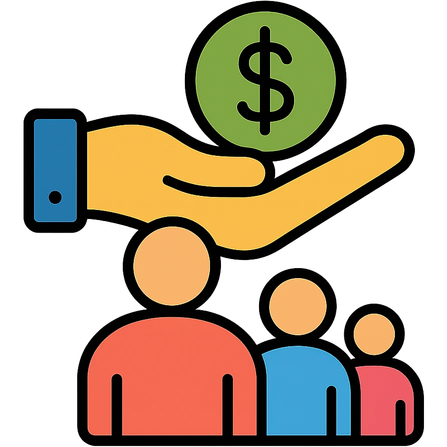 Hand giving money to a family, financial support and contribution emoji