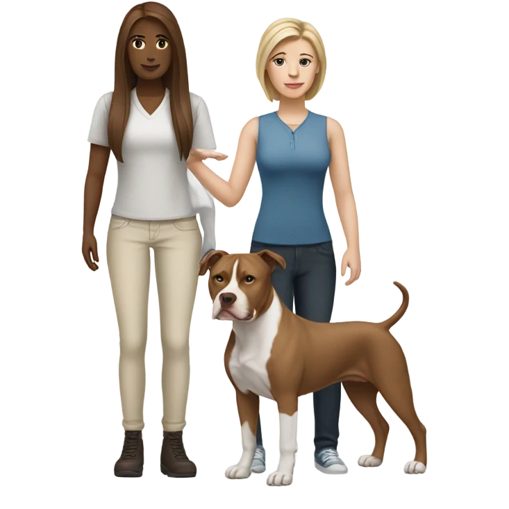 white woman with straight long brown hair alongside a white pitbull emoji