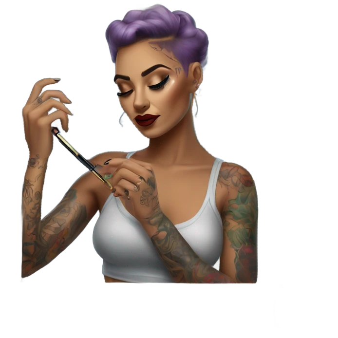 Hyper Realistic Beautiful tattooed woman applying her makeup in a mirror with lights on emoji