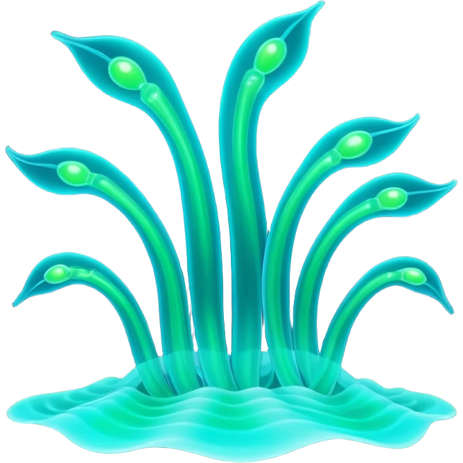 3D render of Plankton Wave, bioluminescent deep sea style, glowing neon blue and green lights, dark background to contrast the glow, translucent organic textures. emoji