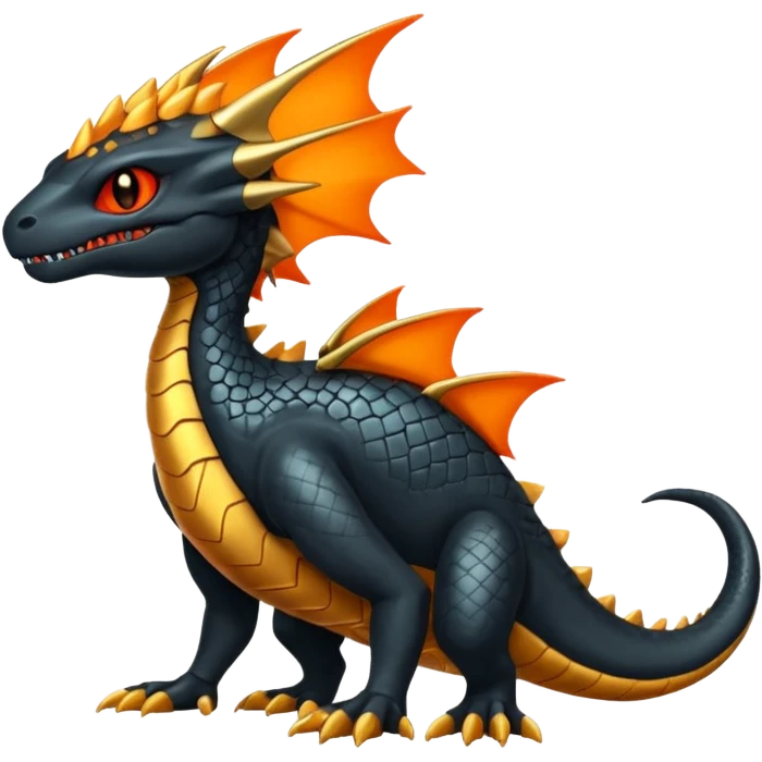 Magmatic fiery badass cool obsidian-Black and golden-orange Helioptile-Amaura-Salamence-Fakémon-hybrid-creature (full body)  emoji