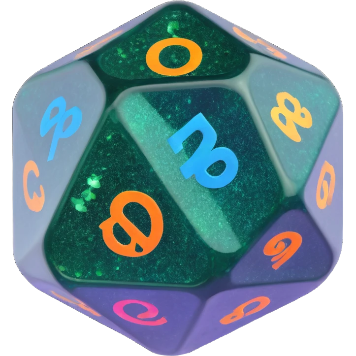 translucent d20 die with glitter emoji