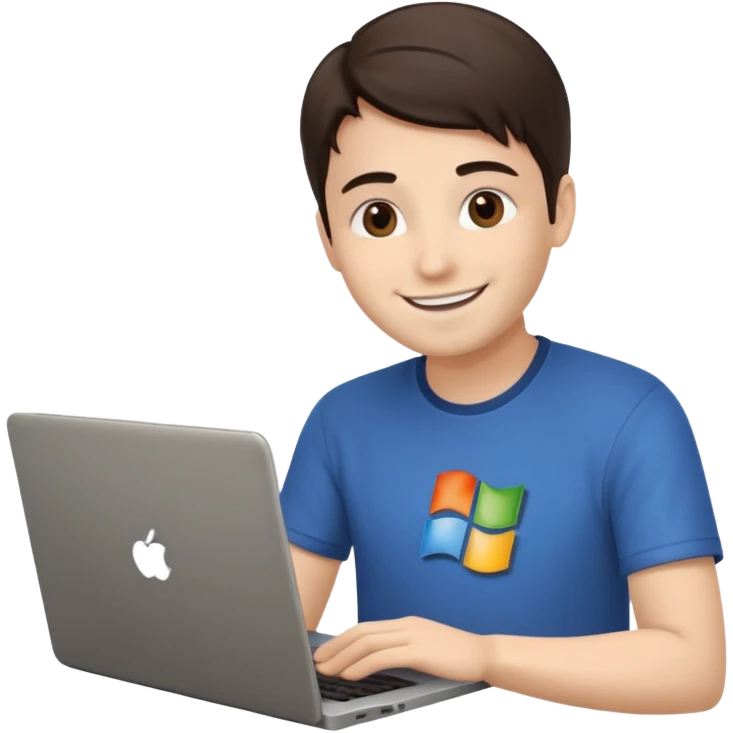 a programmer happy with a microsoft logo showing on the laptop screen emoji