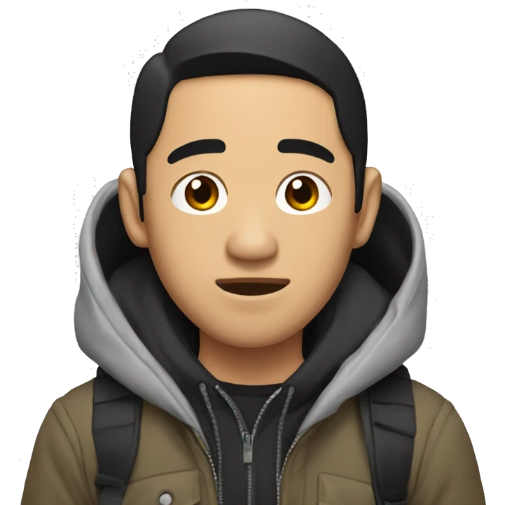 an asian man with black hair partially falling down his face; he is wearing a hoodie and a jacket on top; he has a black backpack on his shoulders emoji