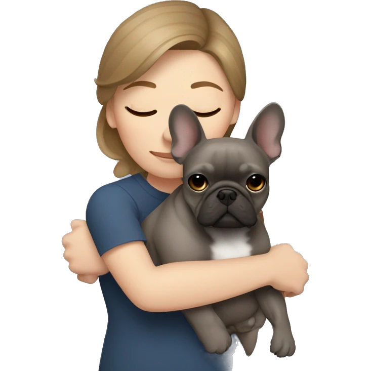 light brown hair woman hugging a dark gray french bulldog emoji