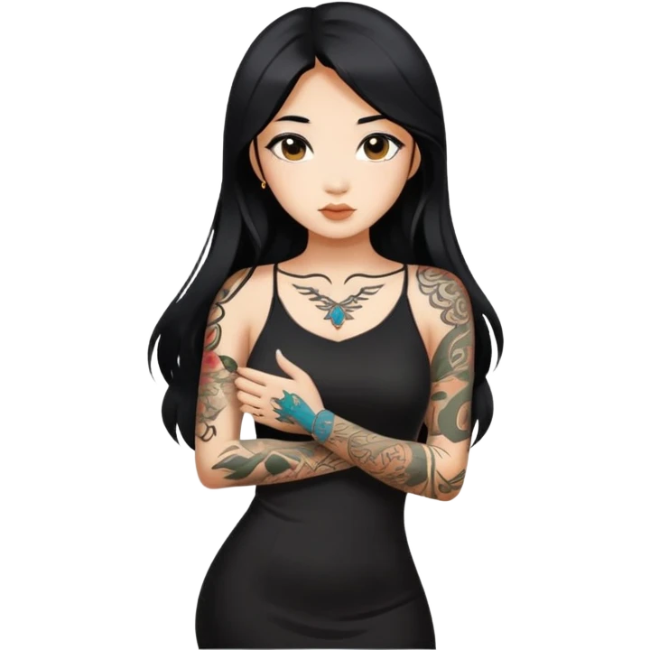 Beautiful Asian girl with long black hair and body tattoos wearing a black dress emoji
