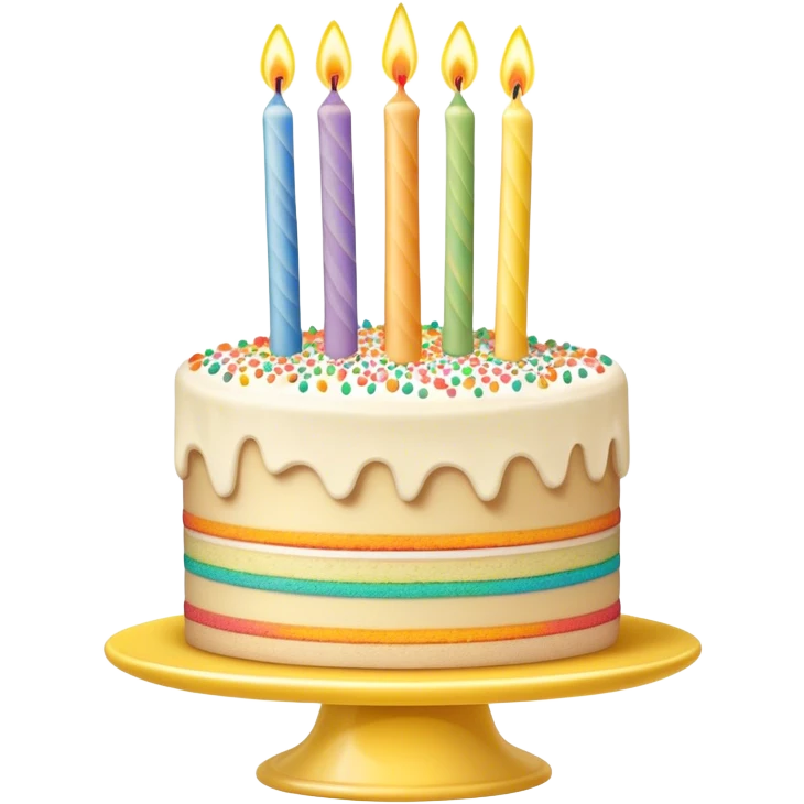 Layered, detailed beige and white vanilla birthday cake with candles and rainbow sprinkles, on a yellow cake stand emoji