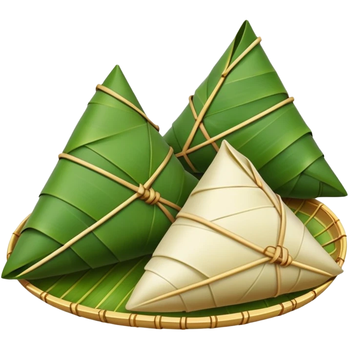 Dragon Boat Festival rice dumplings Zongzi wrapped in bamboo leaves, simplified emoji style with bold outlines and bright colors, cartoon style traditional pyramid-shaped food emoji