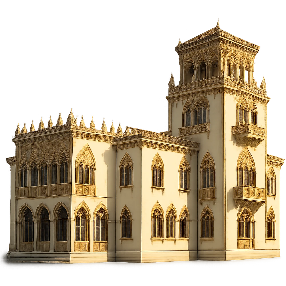 cinematic, realistic emoji of the Ringling Museum in Sarasota, Florida, featuring majestic, ornate architecture, lifelike detail, bright regal lighting as on a sunny day, building in accurate shade of white, transparent background emoji