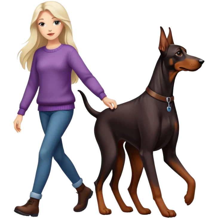 A beautiful long-haired white woman wearing a sweater walking a Doberman emoji