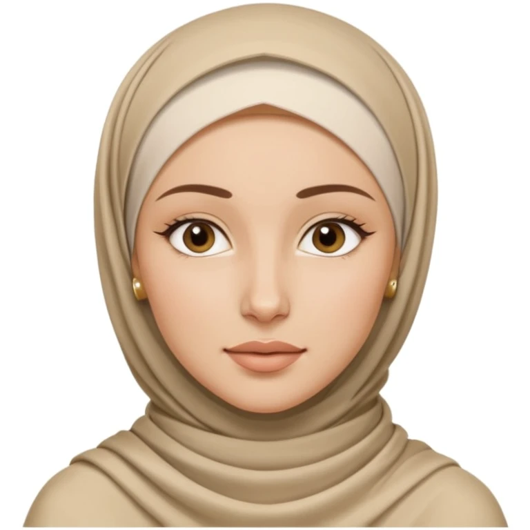 clean girl aesthetic emoji, fresh-faced young woman wearing a neatly wrapped hijab, slicked-back style, gold hoop earrings visible, dewy skin, minimal makeup, soft neutral background emoji