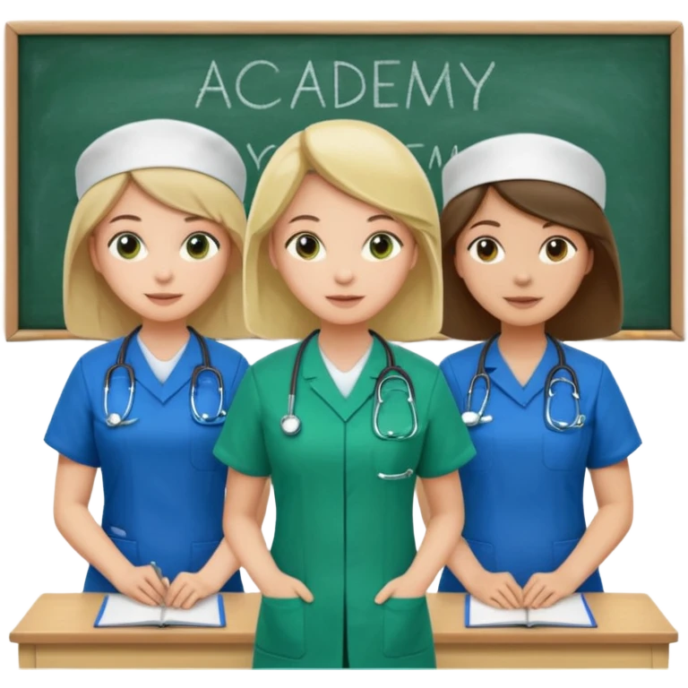 3 different nurses, wearing green and blue work clothes, in a classroom, "Academy" written in white on board emoji