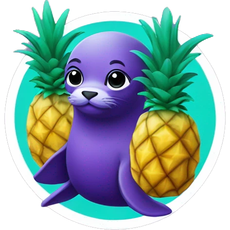purple-colored seal holding teal-colored pineapple emoji