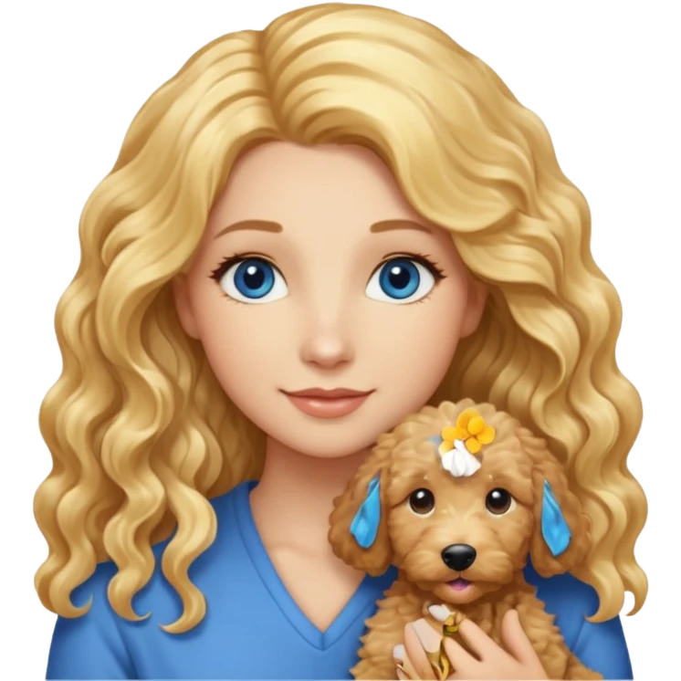 Long blonde hair, blue eyed woman with wavy blond goldendoodle emoji