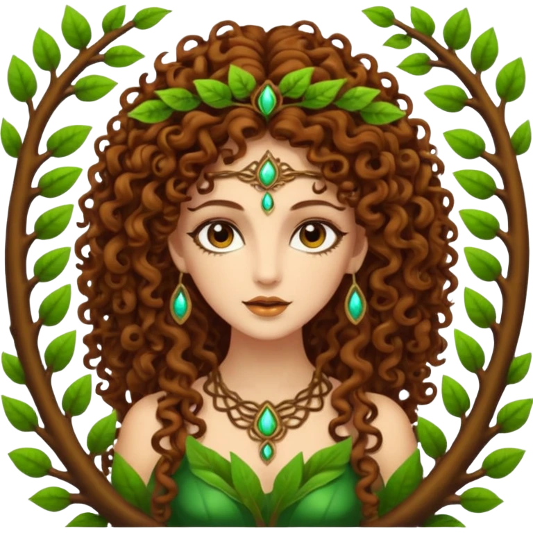 Psychedelic goddess of the forest with brown eyes , brown curly hair emoji