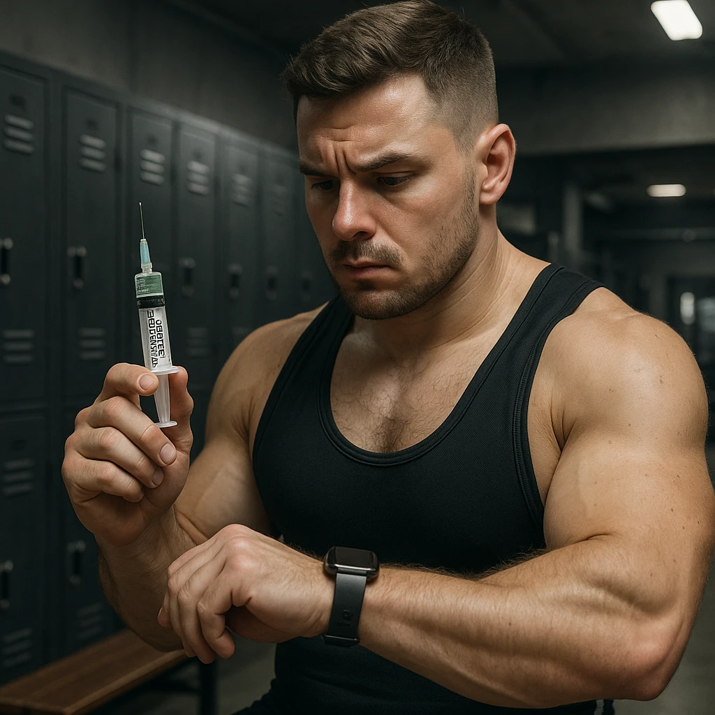 European powerlifter in locker room holding a syringe labeled 'TESTOSTERONE PROPIONATO', attentive expression, checking watch, secretive atmosphere, realistic details, gym background emoji